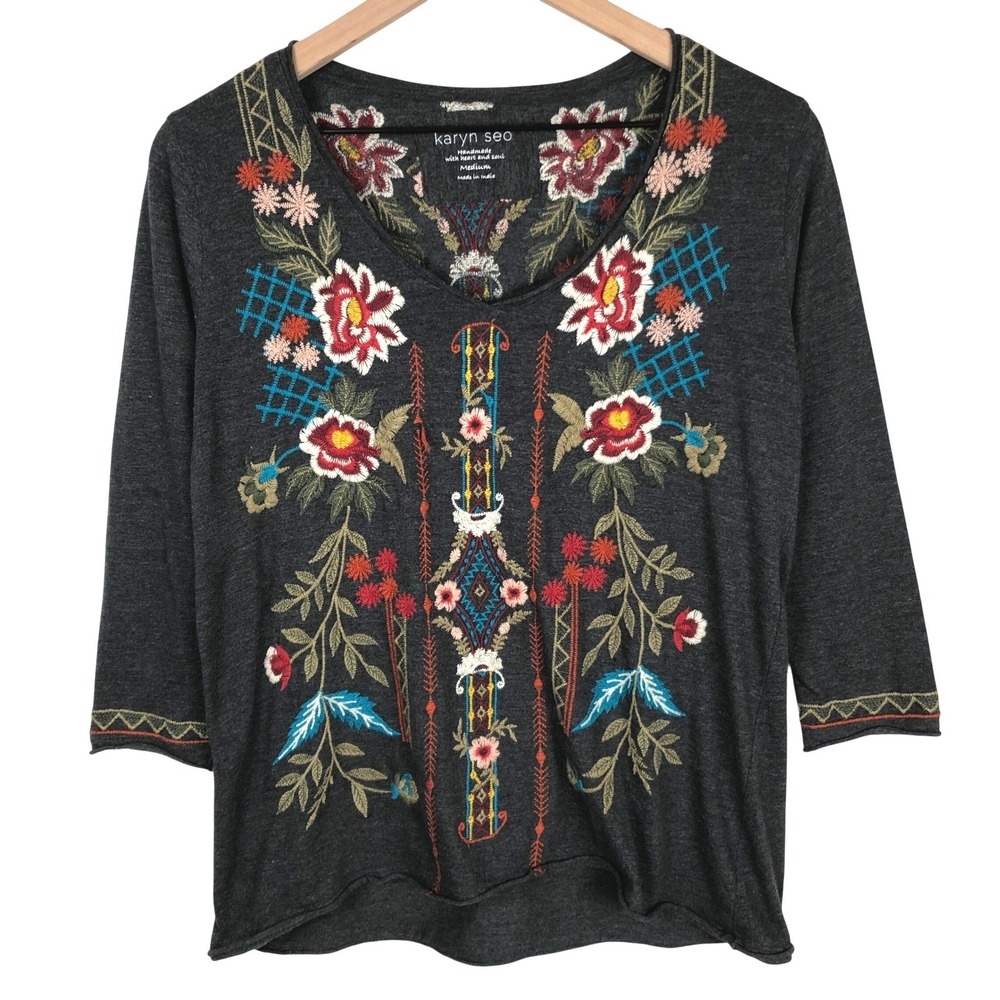 KARYN SEO Embroidered Floral Boho V-Neck 3/4 Sleeve Cotton Top Women's Sz S Gray